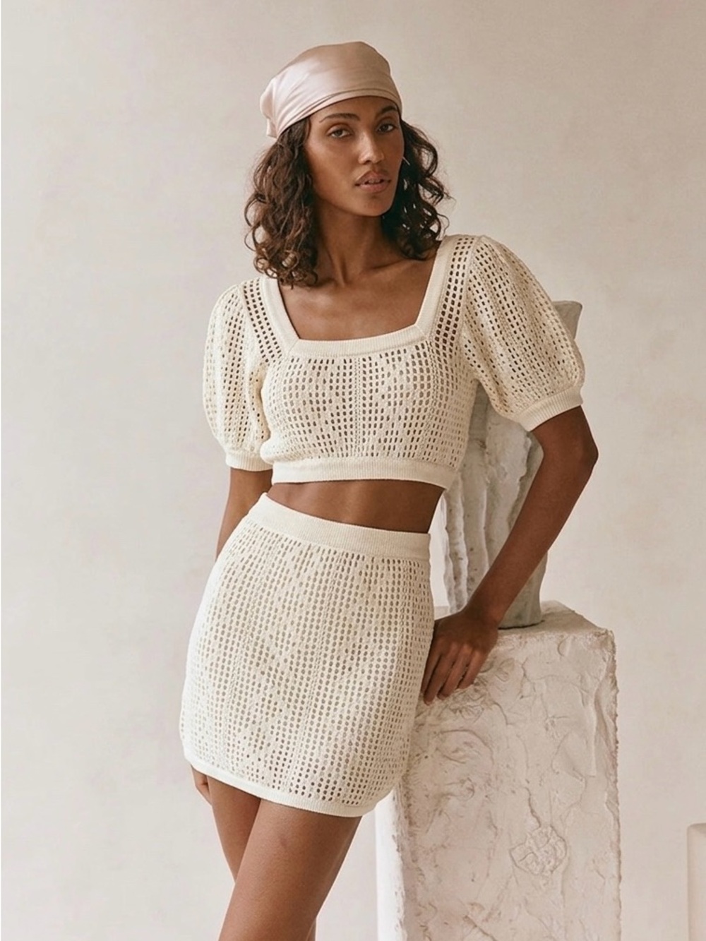 Cream Crochet Knit Puff-Sleeve Crop Top and Skirt Set